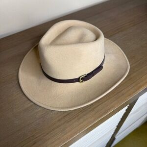 BIGALLI‎ Brown Beige Wool Fedora Hat Water Repellent Buckle Strap Size M